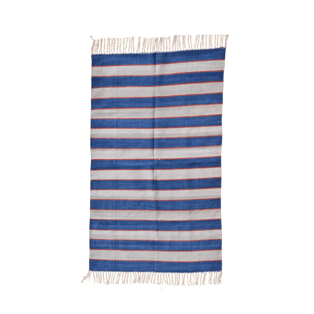 Handwoven Blue and White Bold Striped Cotton Rug with Fringes