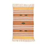 Handwoven Orange and White Patterned Cotton Rug with Fringes