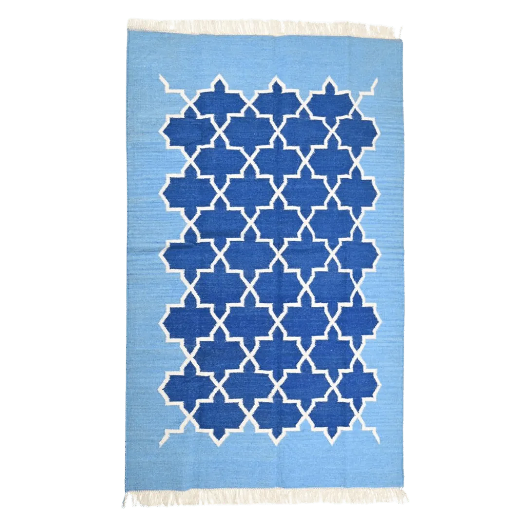 Handwoven Moroccan Blue Tiles Cotton Rug with Fringes