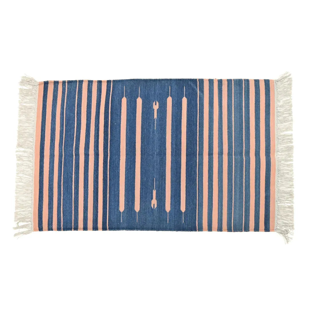 Handwoven Peachy Azure Serenity Fringe Haven Cotton Rug