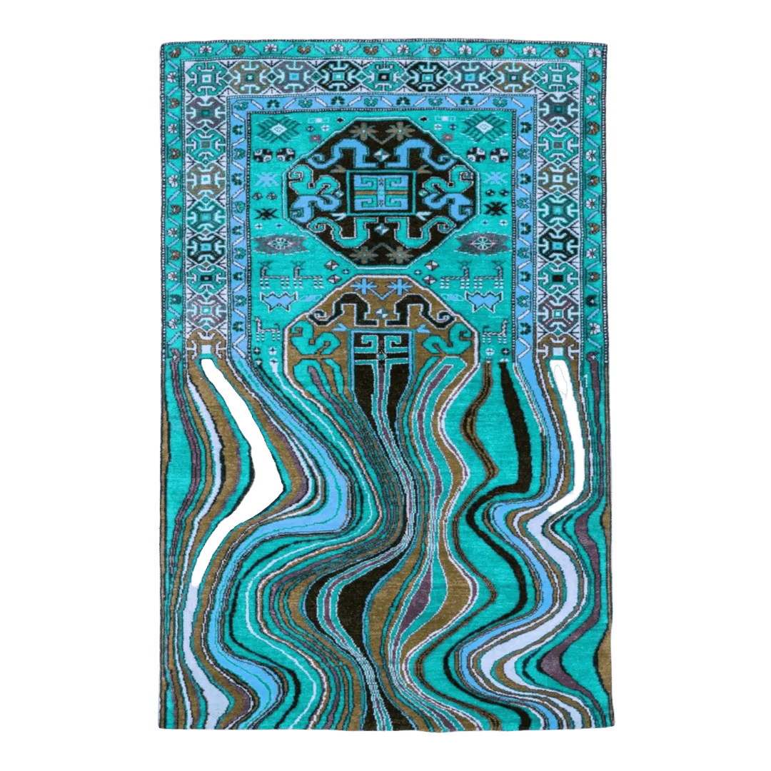 The Alaia Persian Turquoise Melting area rug features a stunning blend of turquoise tones with intricate Persian patterns. Its soft texture and unique, melting design add a sophisticated and artistic touch to any room.