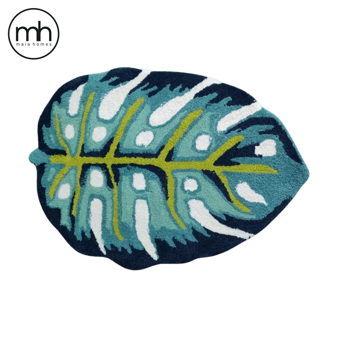 Blue Monstera Leaf Shaped Accent Hand Tufted Wool Rug