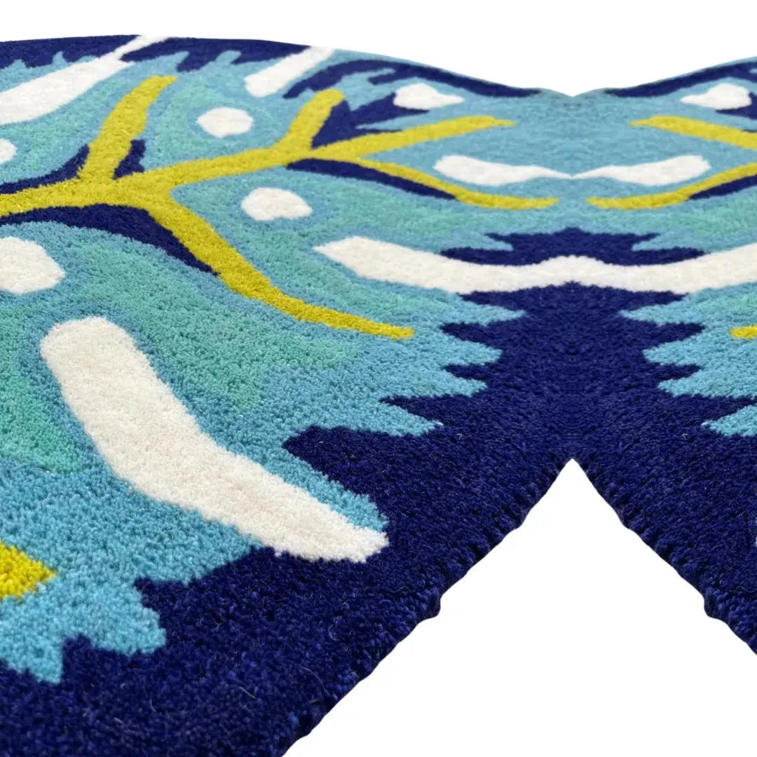 Blue Monstera Leaf Shaped Accent Hand Tufted Wool Rug