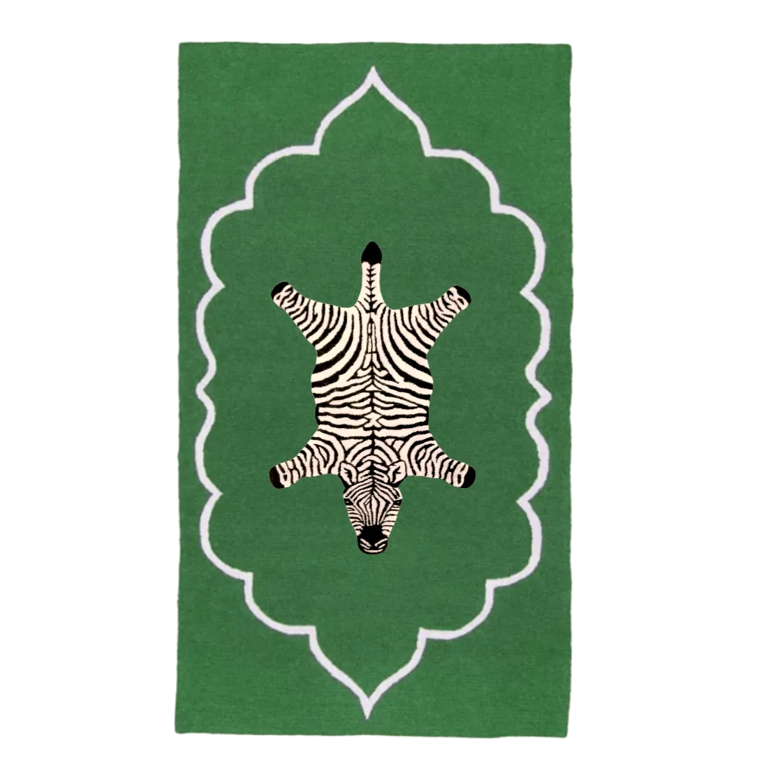 The Bohemian White Elephant Royal hand-tufted wool rug in green features a majestic white elephant design with intricate bohemian details. Its vibrant green backdrop and soft wool texture add a royal, eclectic touch to any room.