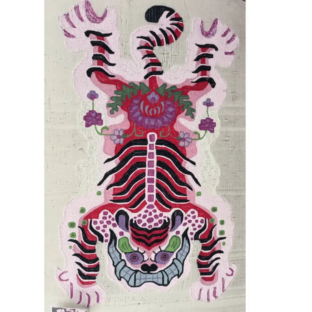 Chinoiserie Pink Tibetan Tiger Tufted Wool Rug