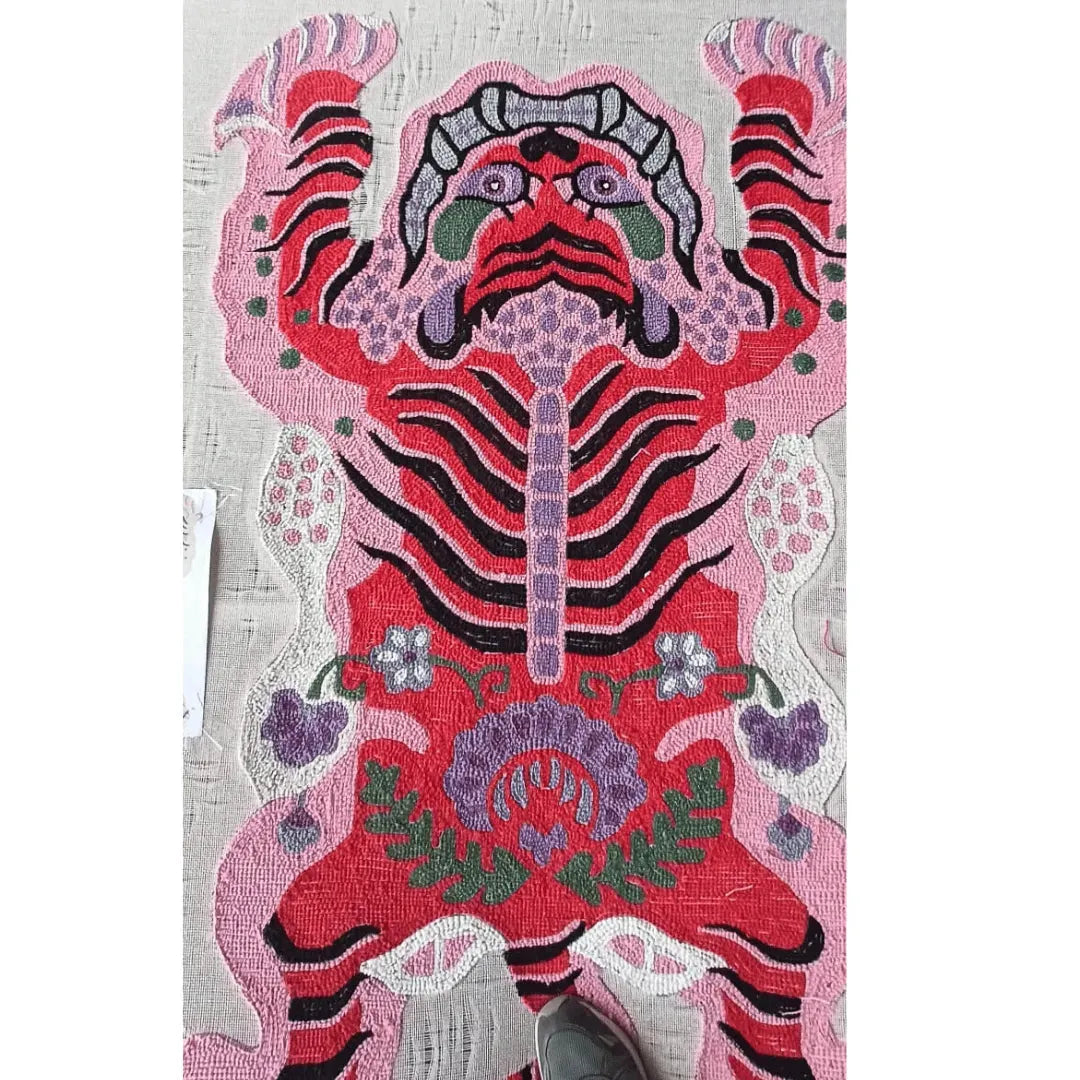 Chinoiserie Pink Tibetan Tiger Tufted Wool Rug