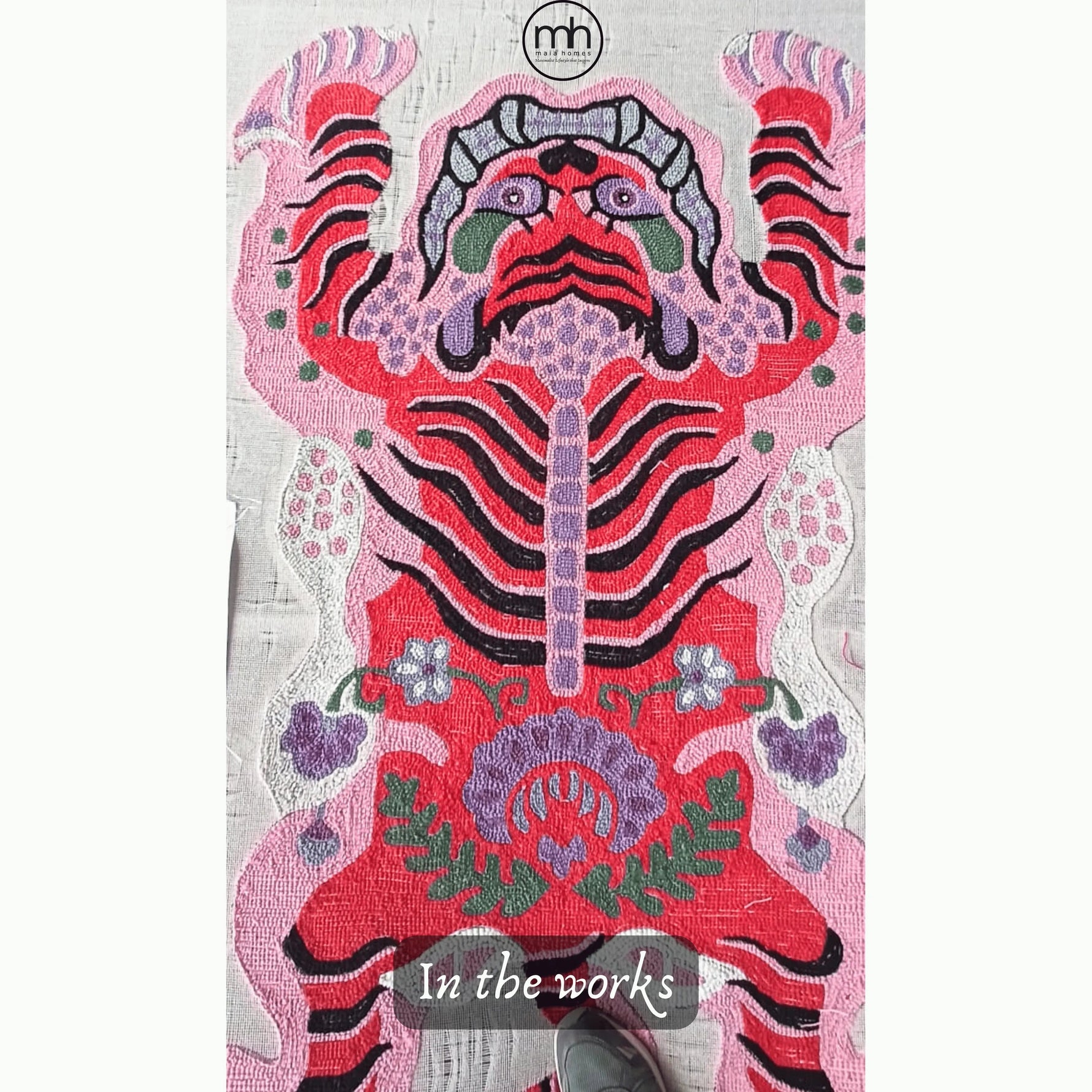 Chinoiserie Pink Tibetan Tiger Tufted Wool Rug