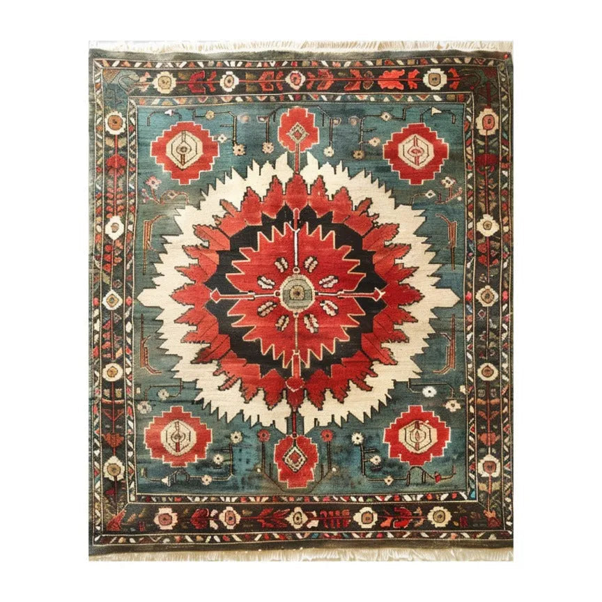 Crimson and Turquoise Hand Knotted Area Rug