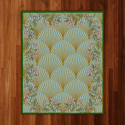 Art Deco Green Pink Floral Hand Tufted Wool Rug
