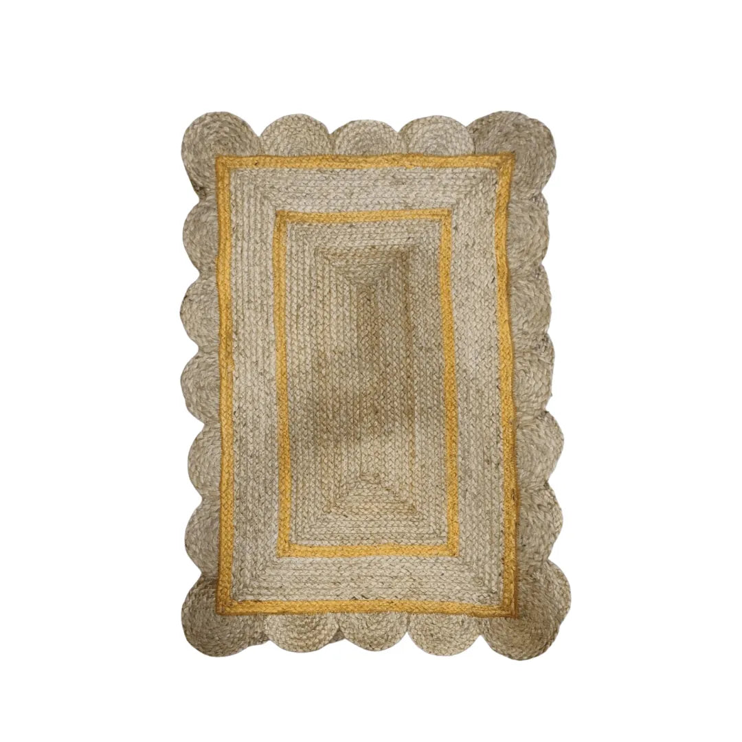 Handmade Yellow Trim Scalloped Jute Rug