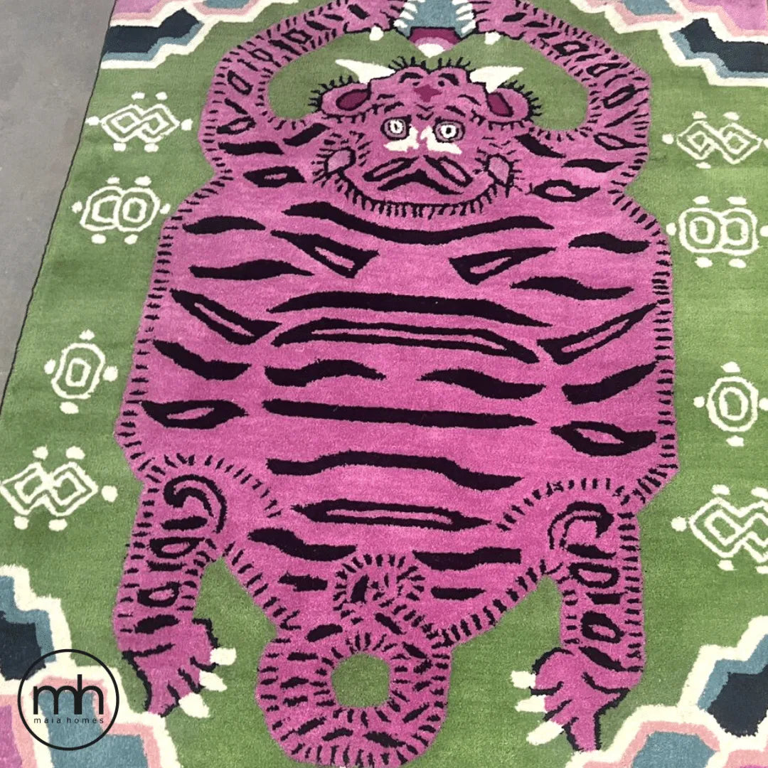 Light Green Oriental Tiger Hand Tufted Wool Rug