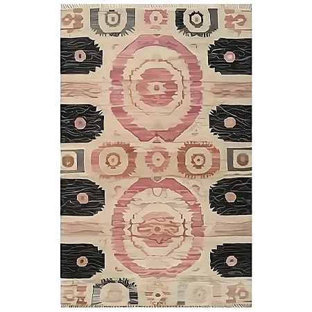 The "Mirage Medallion Hand Tufted Rug" is a captivating blend of traditional and modern artistry. Featuring soft blush pinks, earthy browns, and bold black tones, this rug adds a touch of elegance to any space. Its hand-tufted construction ensures durability and a plush feel underfoot, making it both a stylish and practical addition to your home. 
