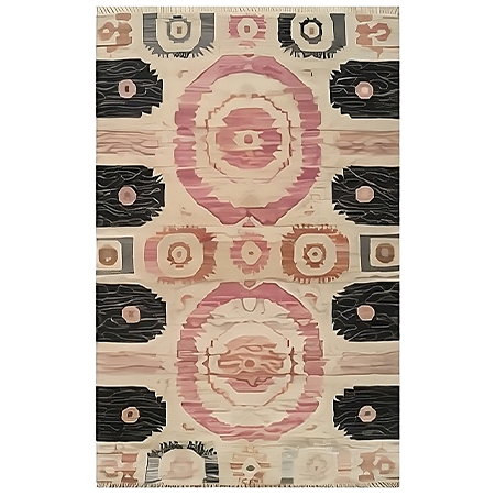 The "Mirage Medallion Hand Tufted Rug" is a captivating blend of traditional and modern artistry. Featuring soft blush pinks, earthy browns, and bold black tones, this rug adds a touch of elegance to any space. Its hand-tufted construction ensures durability and a plush feel underfoot, making it both a stylish and practical addition to your home. 
