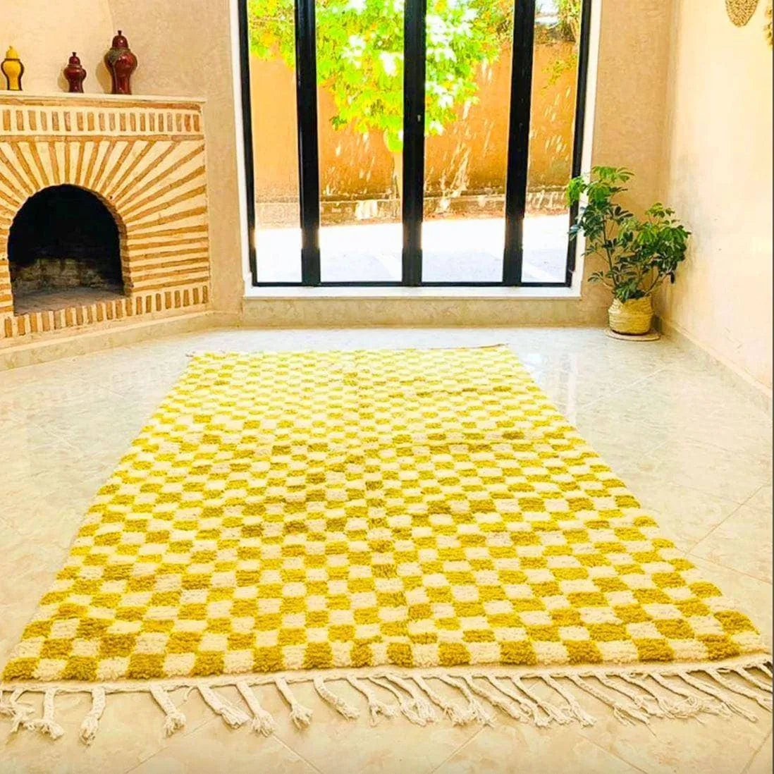 Moroccan Berber Handwoven Checker Wool Area Rug - Yellow and White