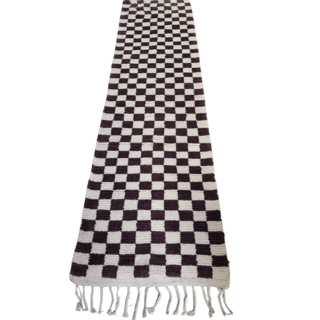 Moroccan Berber Handwoven Checker Wool Area Rug with Tassels - Dark Brown and White