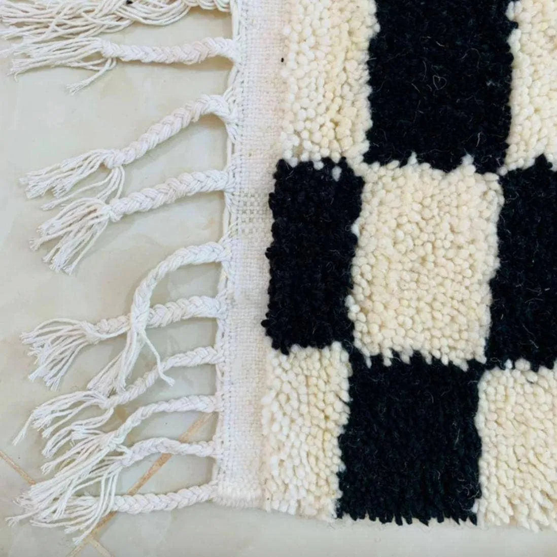 Moroccan Berber Handwoven Checker Wool Area Rug with Tassels - Black and White