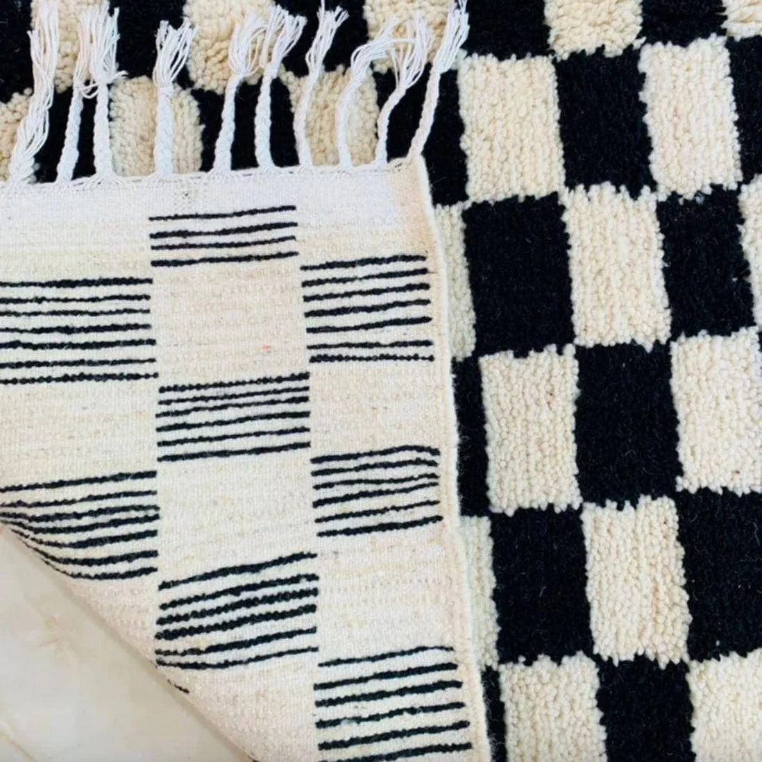 Moroccan Berber Handwoven Checker Wool Area Rug with Tassels - Black and White