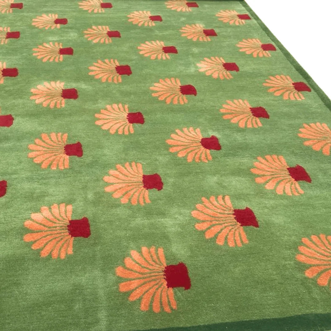 Orange Palm Trees Green Tufted Wool Rug - II