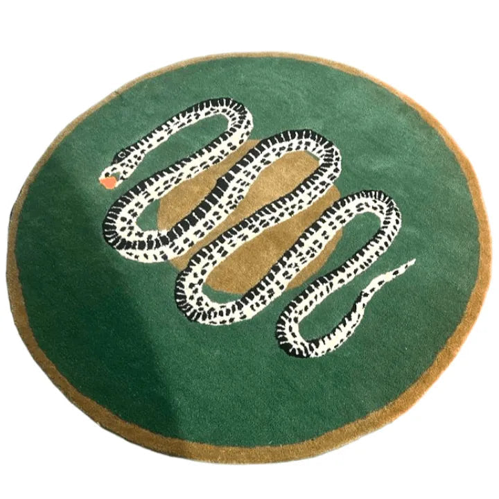 Snake and Apple Green Gold Round Hand Tufted Wool Rug