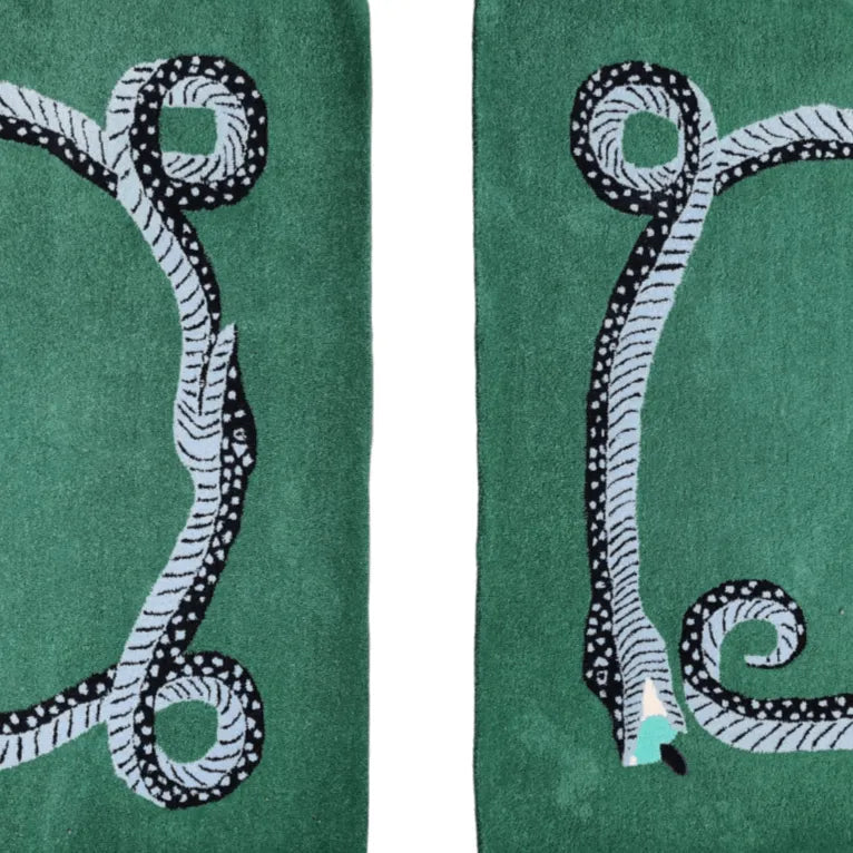 Snake and Red Evil Eyes Green Hand Tufted Wool Rug