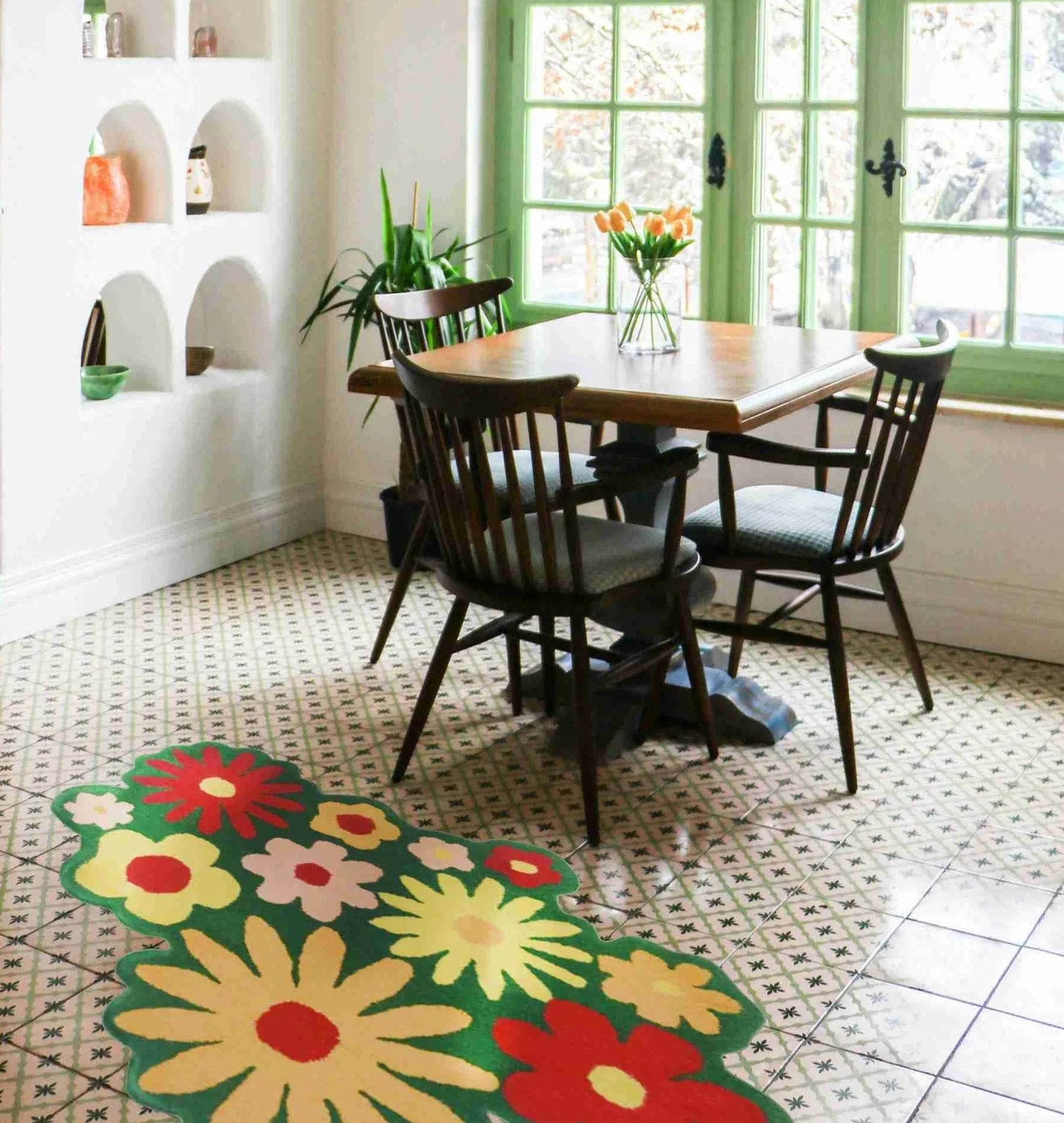 Spring Flowers in Green Field Wool Rug