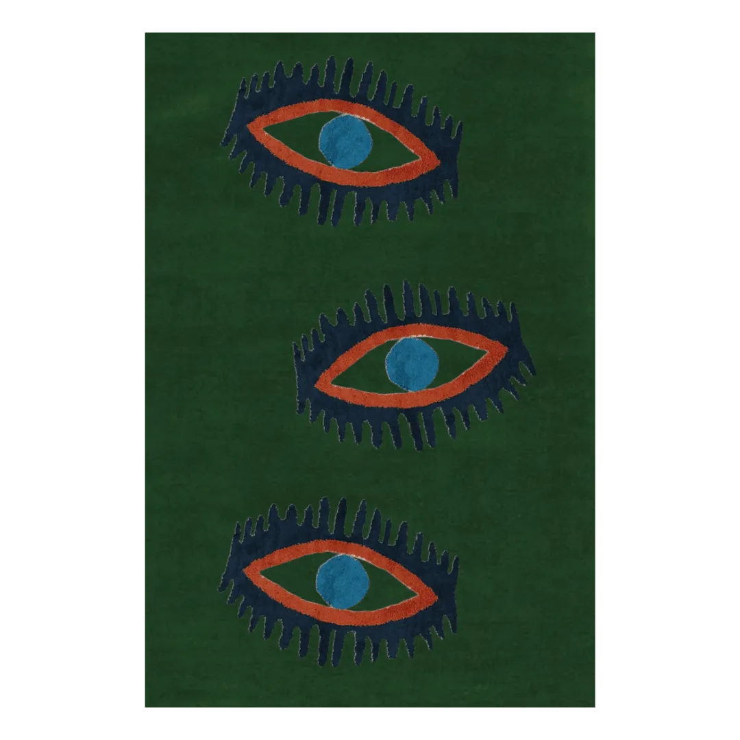 Three Evil Eyes Green Hand Tufted Wool Rug