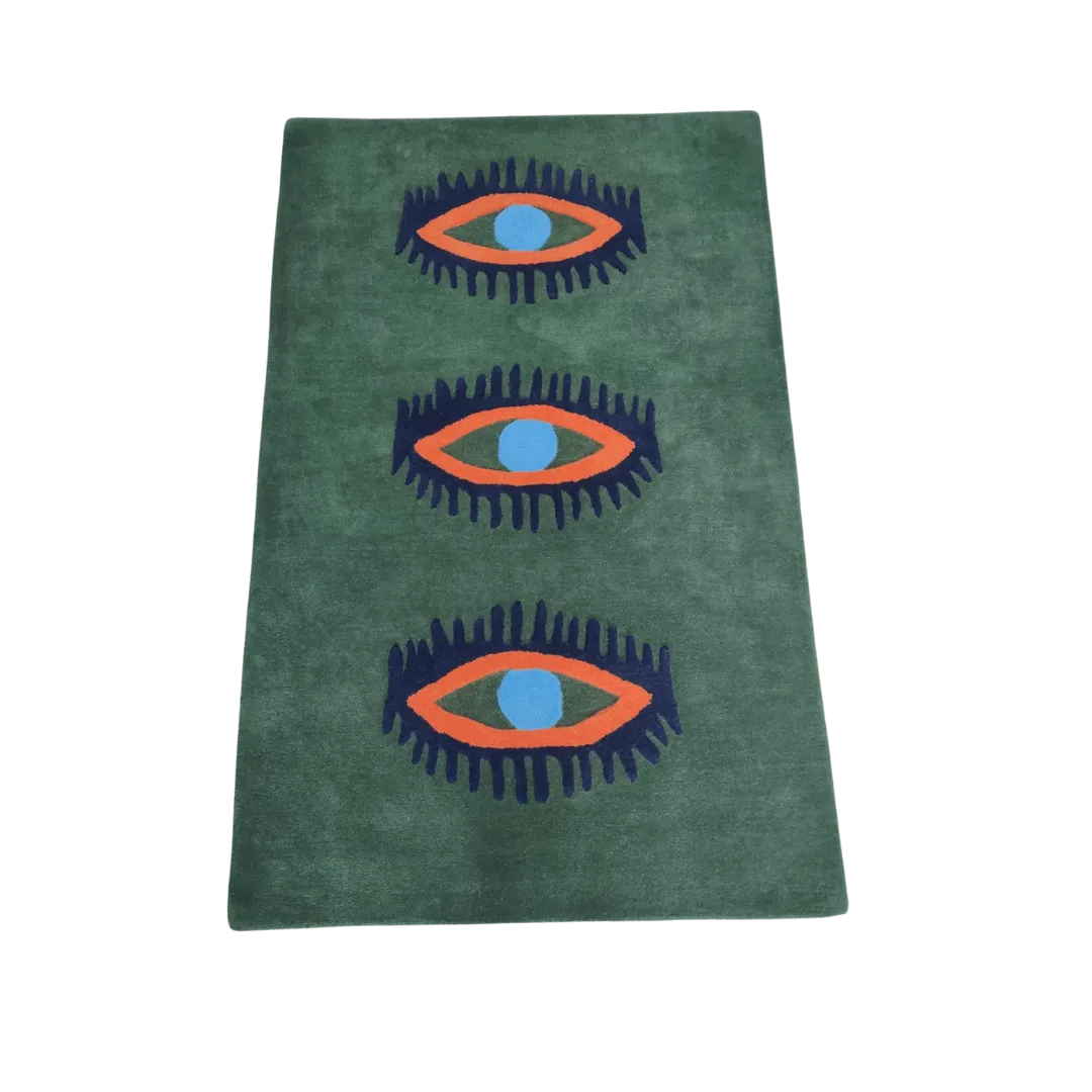 Three Evil Eyes Green Hand Tufted Wool Rug - Classic