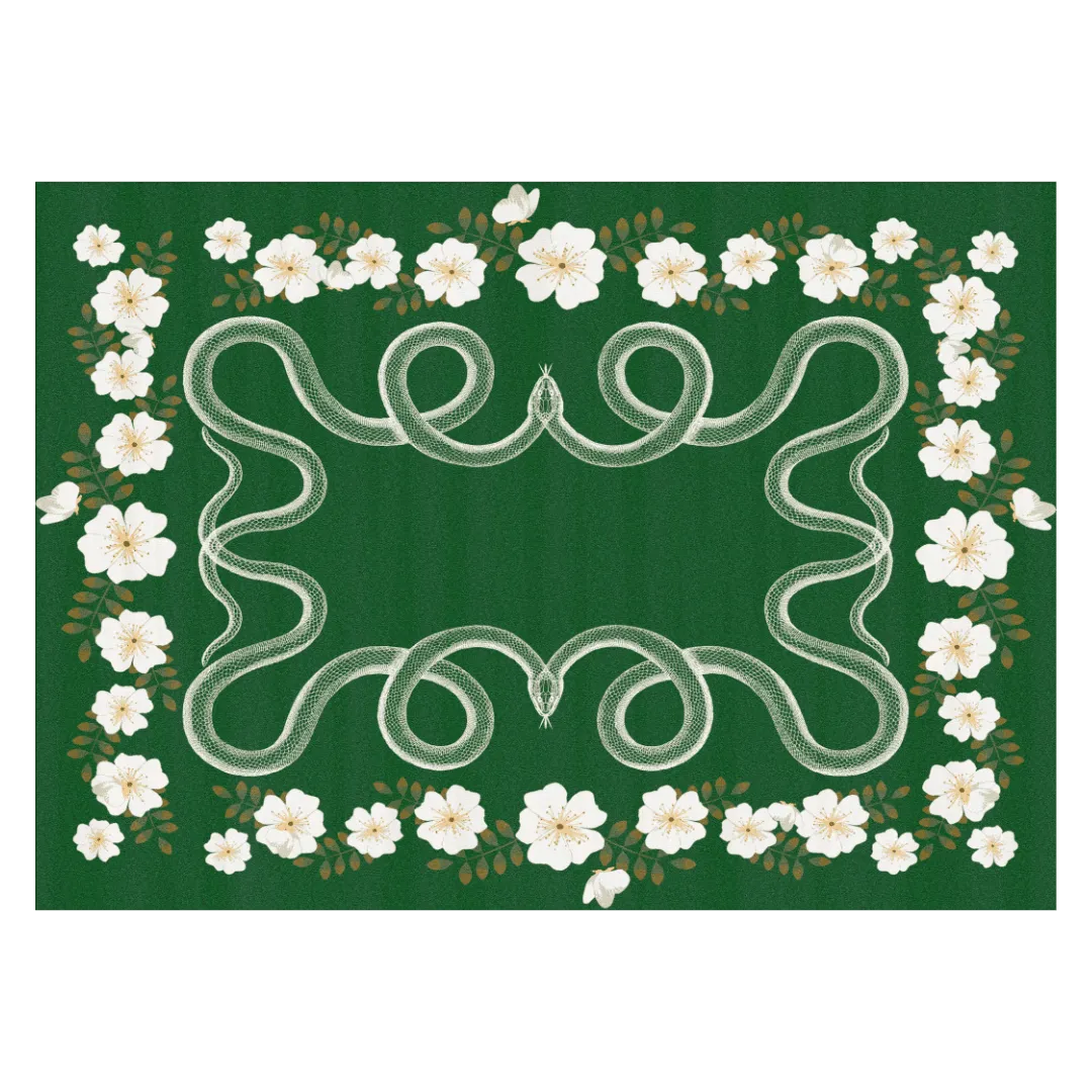 White Flowers Snakes Hand Tufted Rug - Green