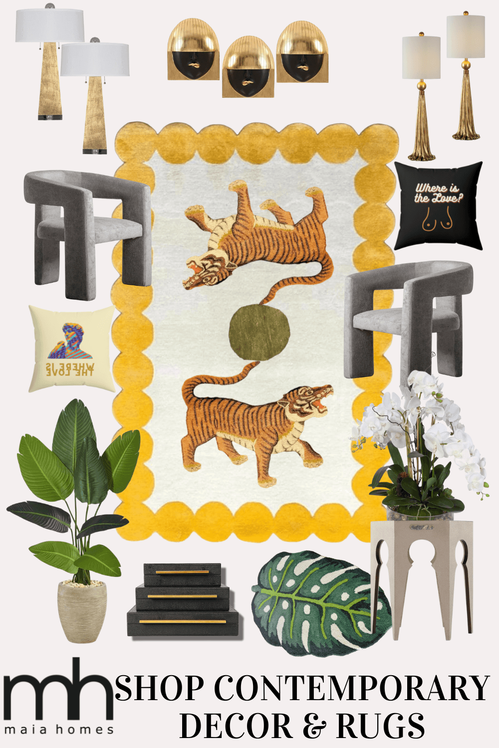 Asian Tigers and the Sun Hand Tufted Wool Rug