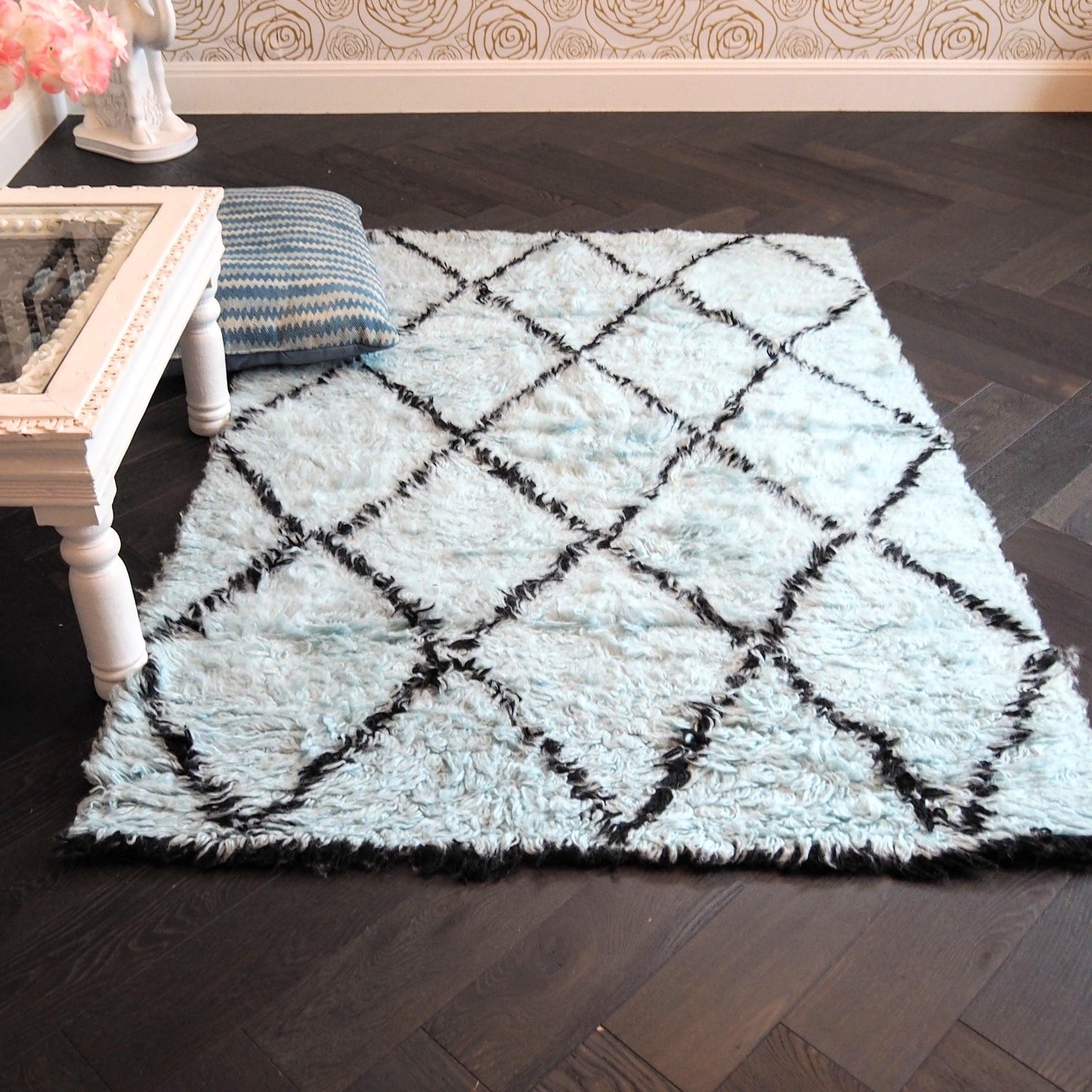 Black and Blue Diamonds Shag Wool Rug