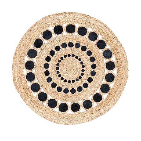 Black and Natural Triple Circle Round Jute Rug