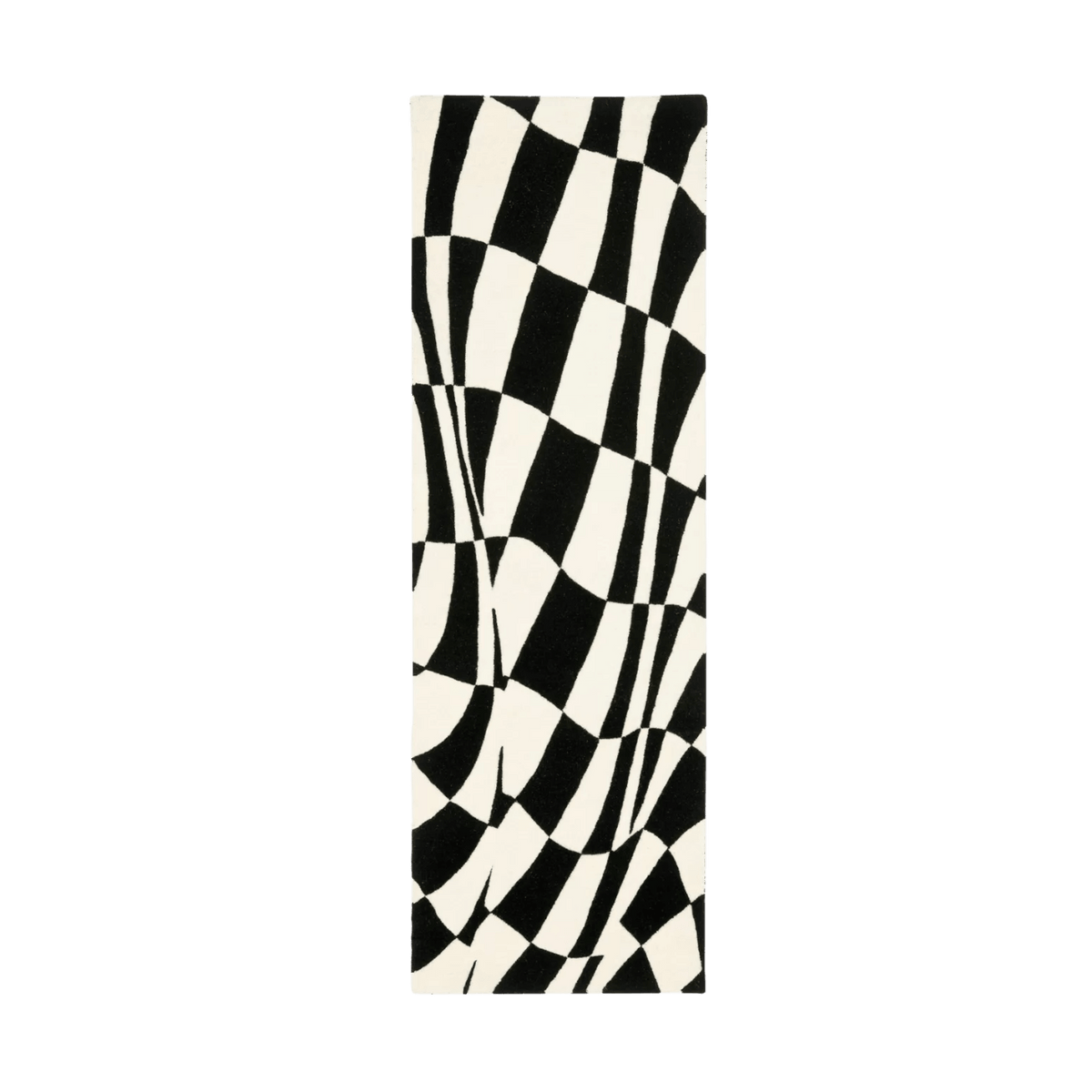 The Black and White Abstract Curvy Checker hand-tufted wool rug runner features bold, curvy checkerboard patterns in striking black and white. Its modern design and soft wool texture add a contemporary, chic touch to any hallway or narrow space.