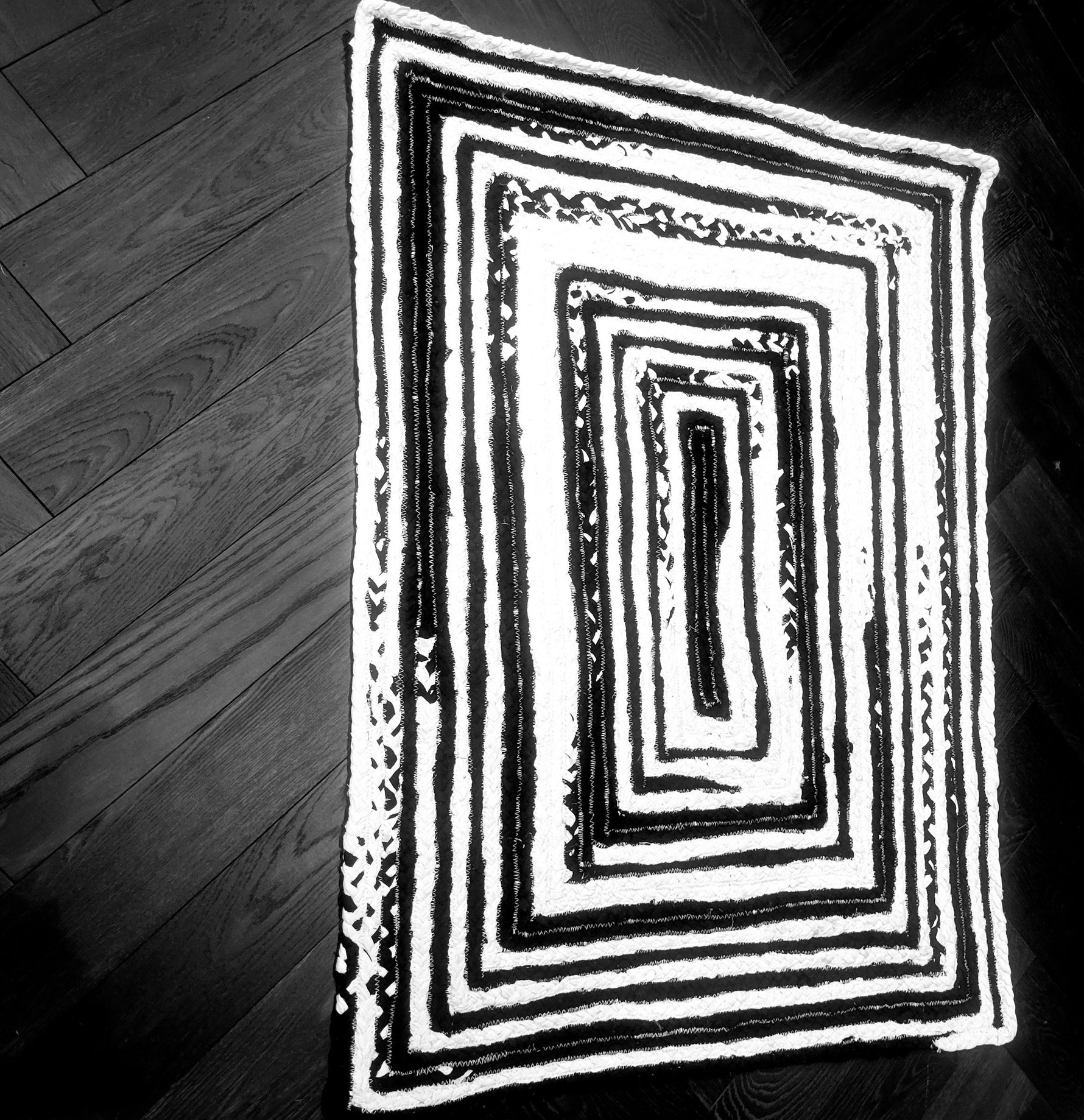 Black and White Rectangular Hand Made Cotton Rug