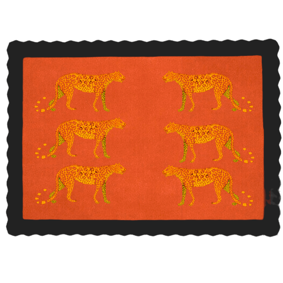 The Black Leopards in the Desert scalloped hand-tufted wool rug features striking black leopard motifs against a rich, desert-toned background. Its bold design and soft wool texture create a dramatic, exotic statement in any room.