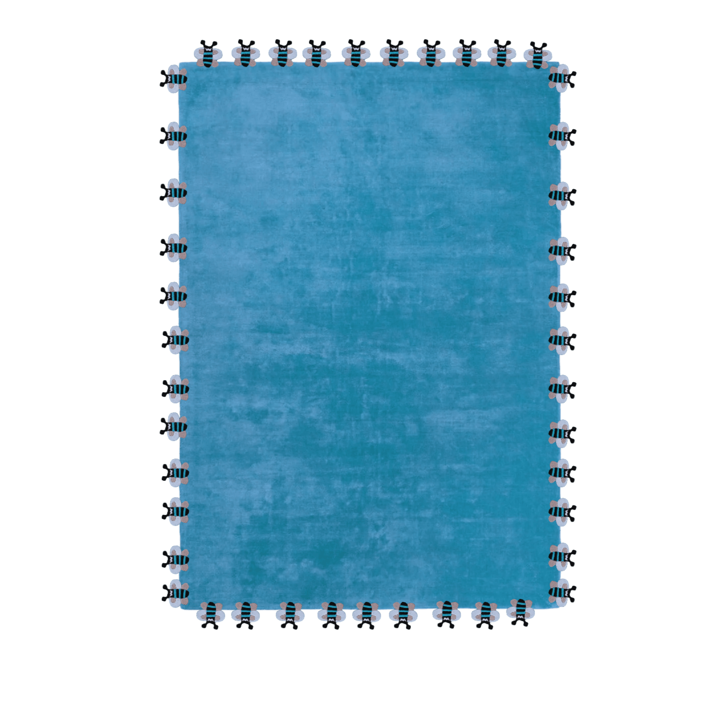 The Blue Bees Love hand-tufted wool rug features charming bee motifs in vibrant blue tones. Its playful design and soft wool texture add a whimsical, nature-inspired touch to any space.