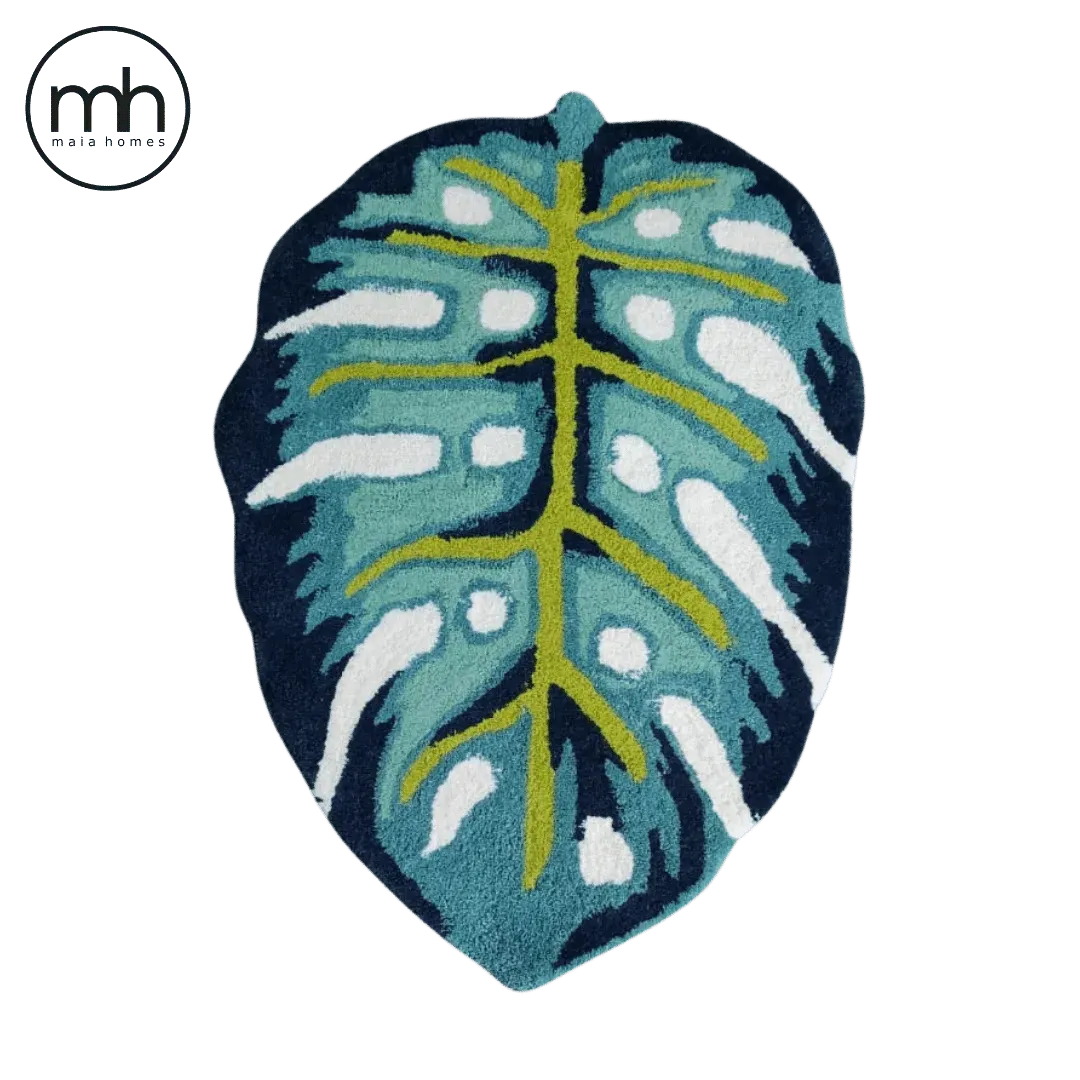 Blue Monstera Leaf Shaped Accent Hand Tufted Wool Rug