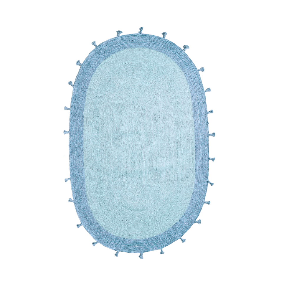 Blue Two Toned Oval Jute Rug with Tassels