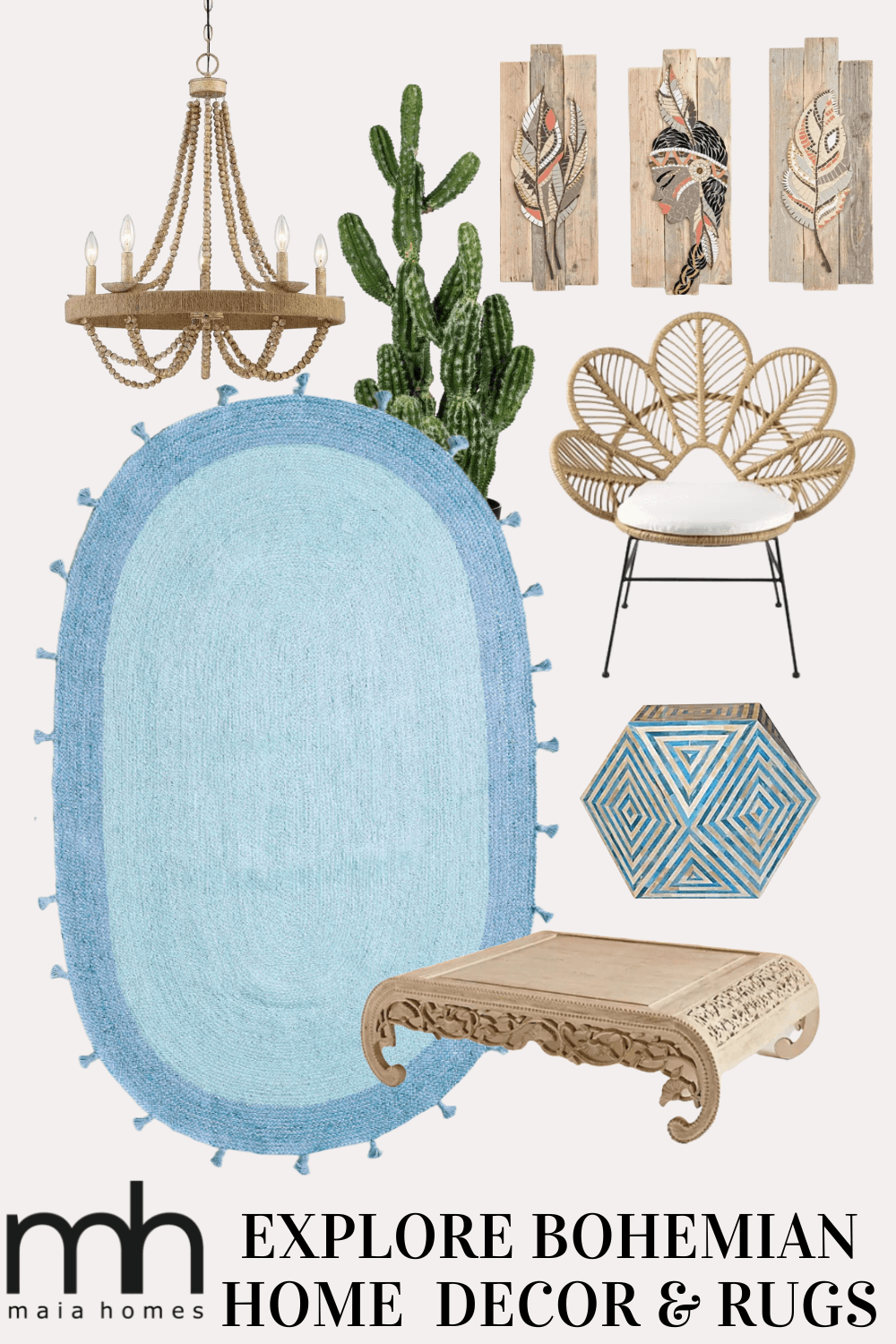 Blue Two Toned Oval Jute Rug with Tassels