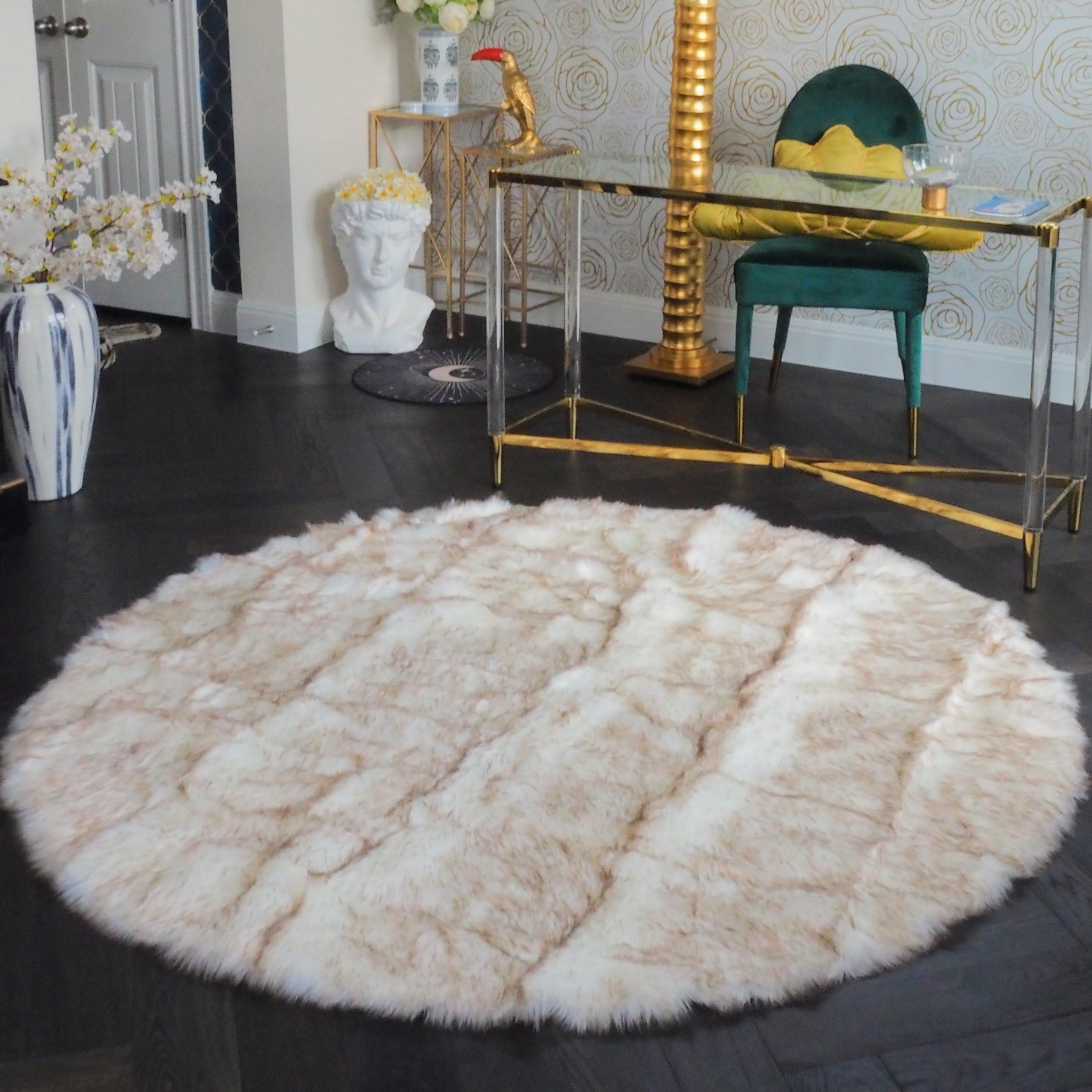 Brown Tipped White Round Artificial Wool Faux Fur Rug 6' x 6'