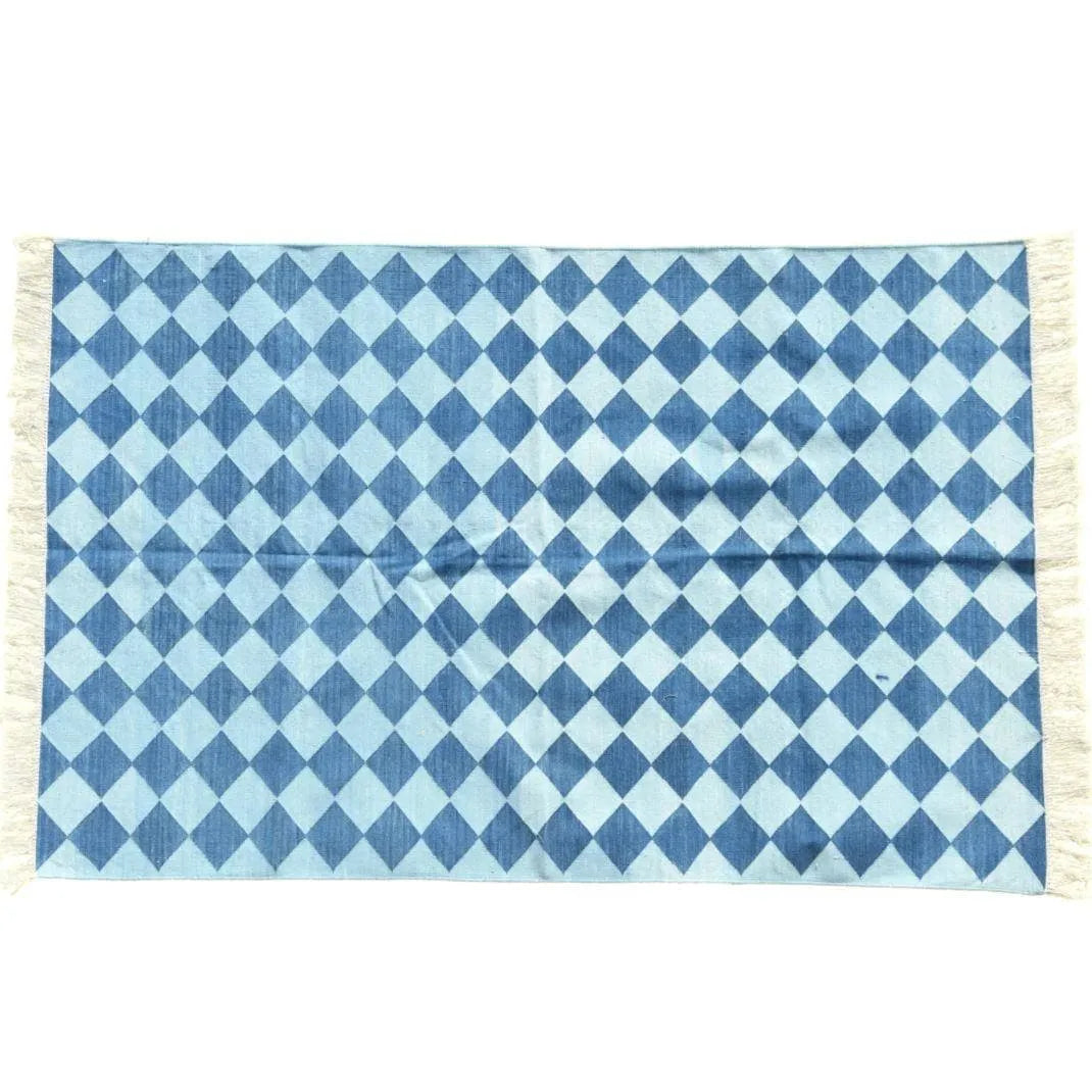 Checkers Organic Vegetable Dyed Indian Dhurrie Reversible Cotton Rug - Blue