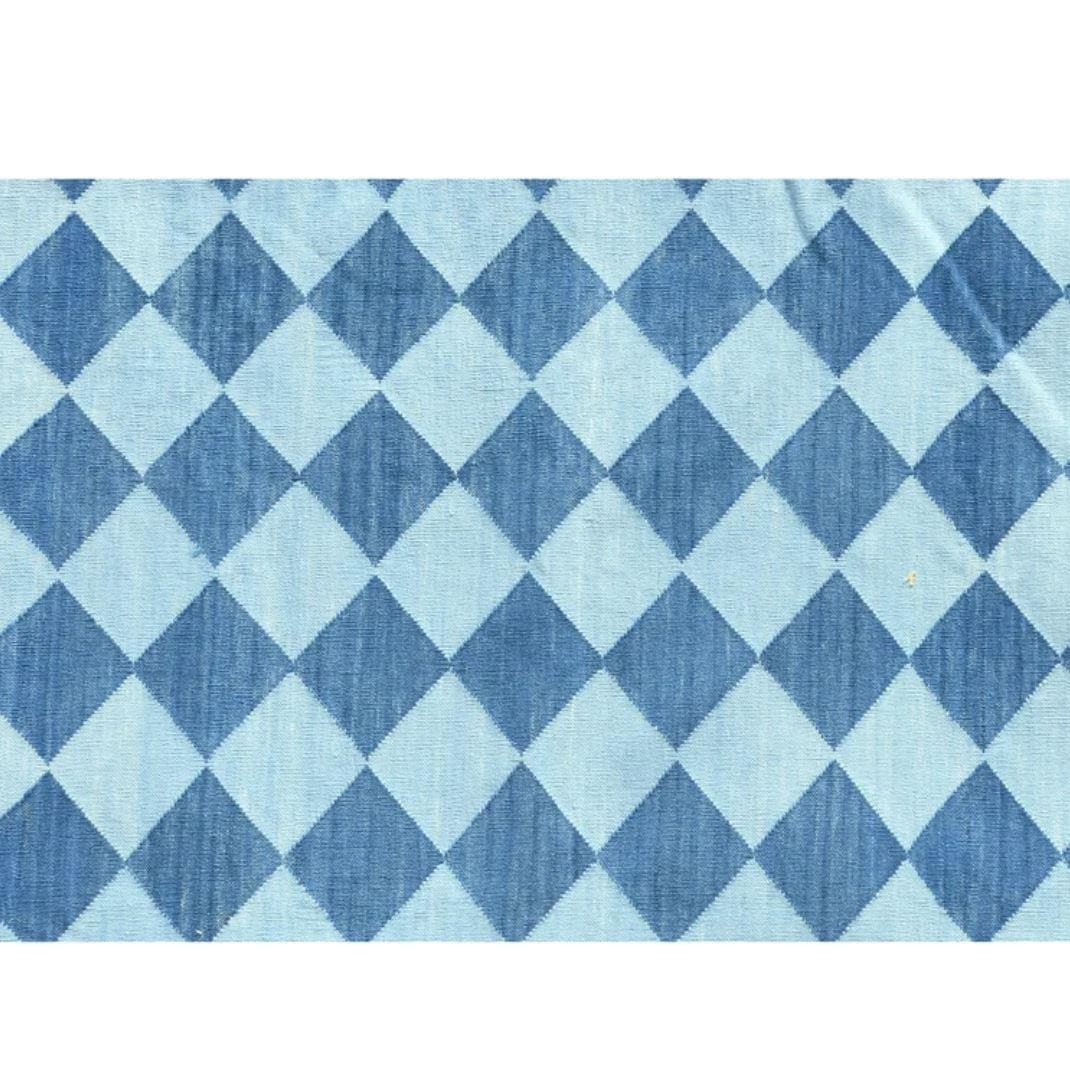 Checkers Organic Vegetable Dyed Indian Dhurrie Reversible Cotton Rug - Blue