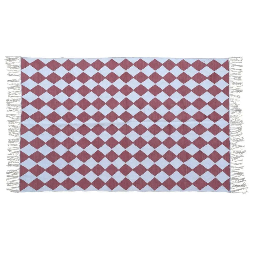 Checkers Vegetable Dyed Indian Dhurrie Reversible Cotton Rug - Red