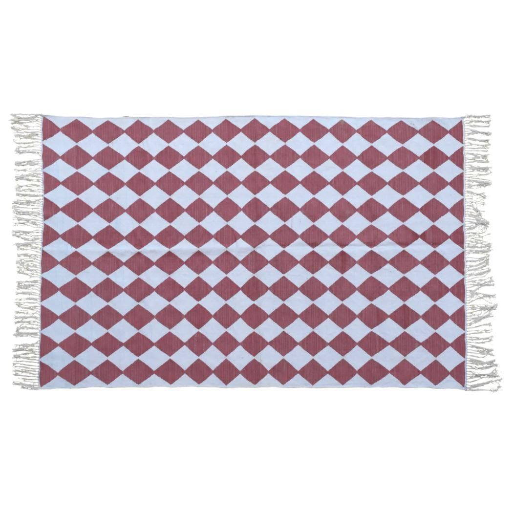 Checkers Vegetable Dyed Indian Dhurrie Reversible Cotton Rug - Red