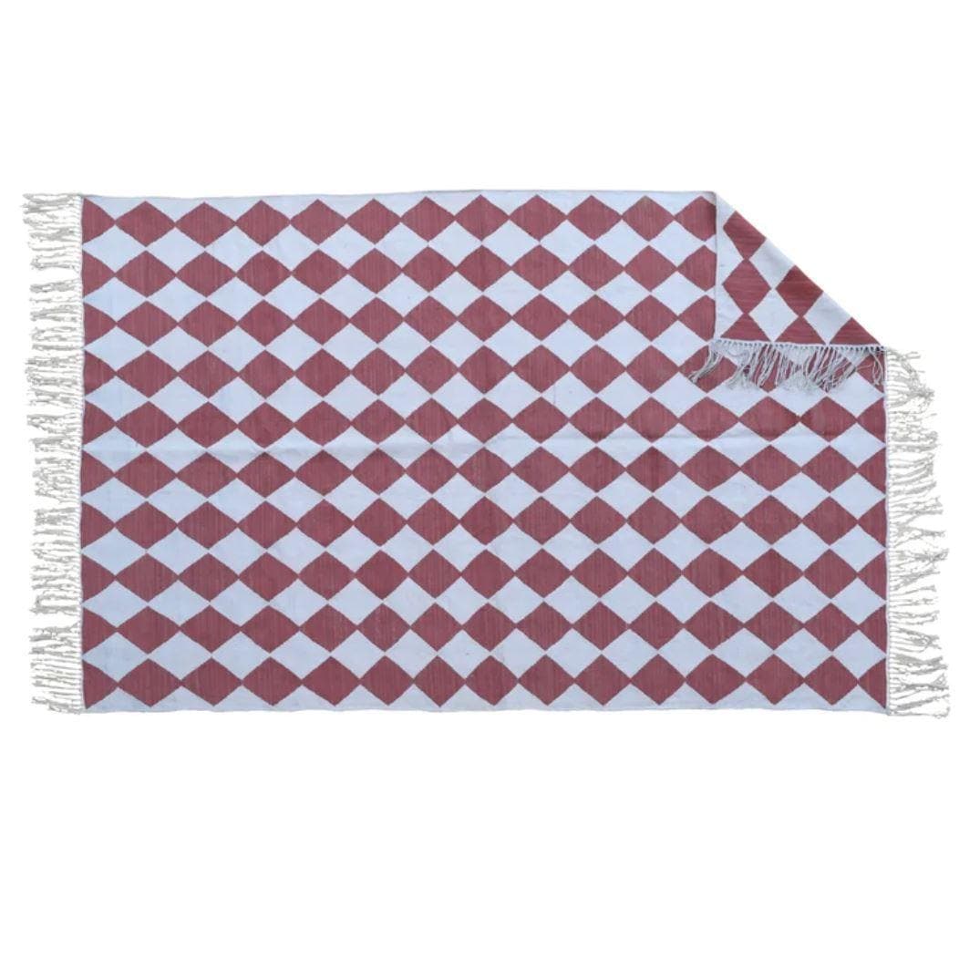 Checkers Vegetable Dyed Indian Dhurrie Reversible Cotton Rug - Red