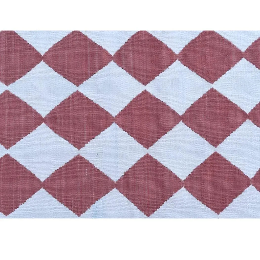 Checkers Vegetable Dyed Indian Dhurrie Reversible Cotton Rug - Red