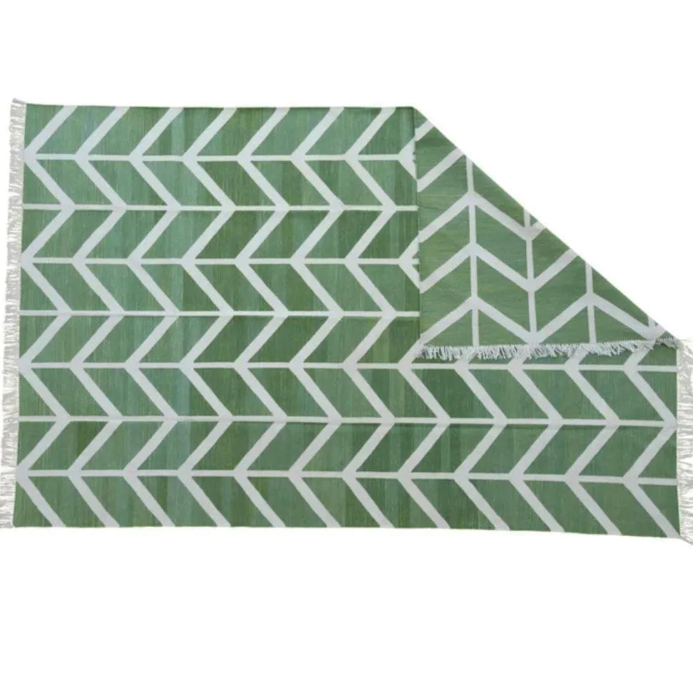 Chevron Organic Vegetable Dyed Indian Dhurrie Reversible Cotton Rug - Green