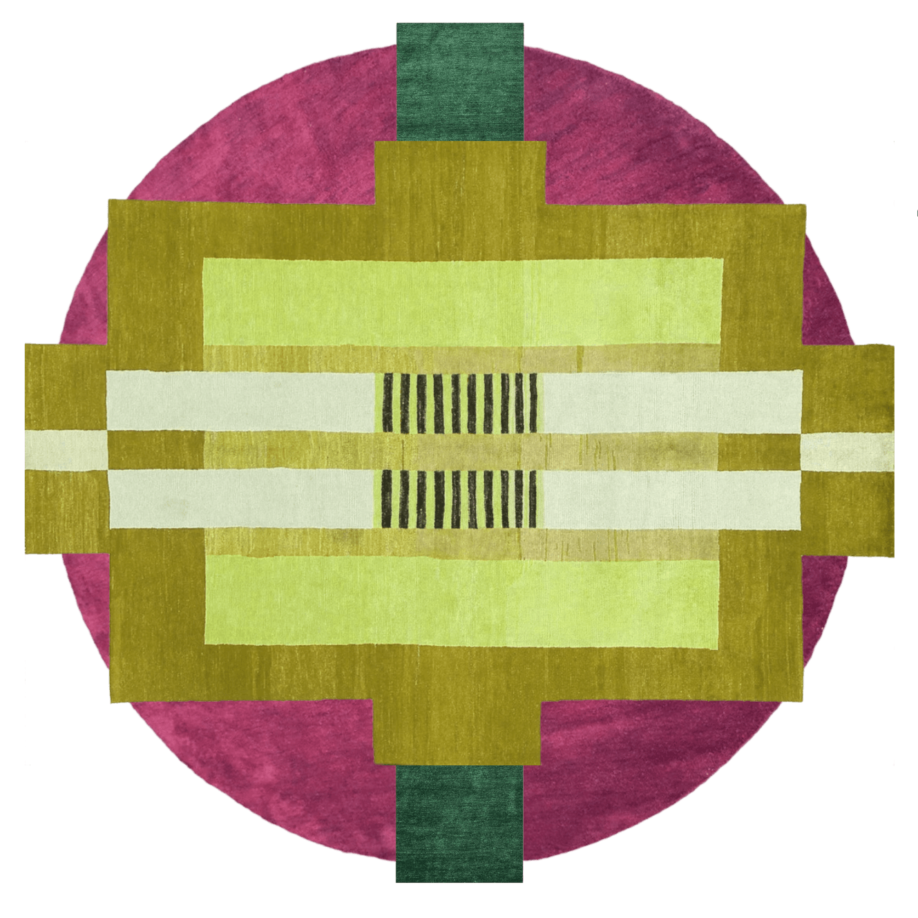 The Circle of Aztec round hand-tufted wool rug features intricate, circular geometric patterns inspired by Aztec design. Its vibrant colors and soft wool texture create a striking focal point and bring a touch of cultural artistry to any space.