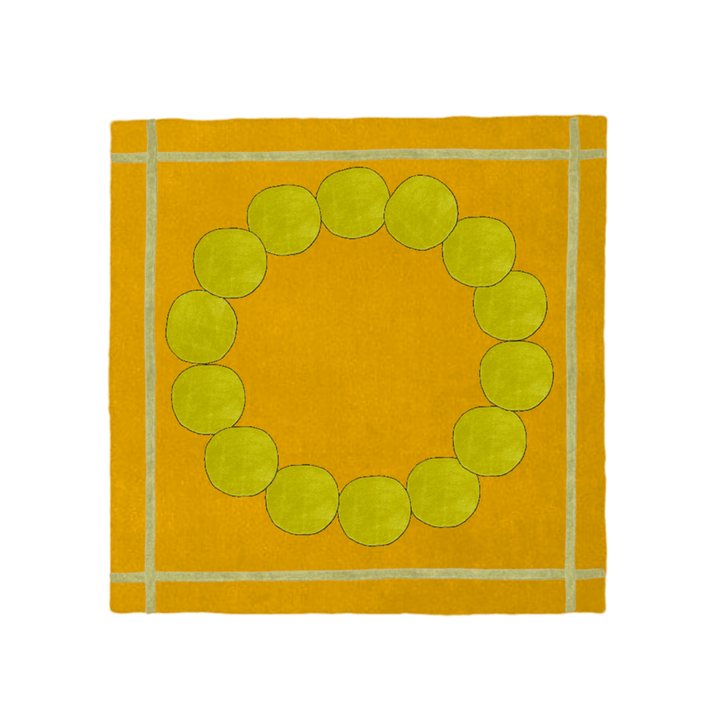 The Circle of Suns square hand-tufted wool rug in orange features bold, sun-inspired circular patterns in vibrant orange hues. Its dynamic design and soft wool texture bring warmth and energy to any room.