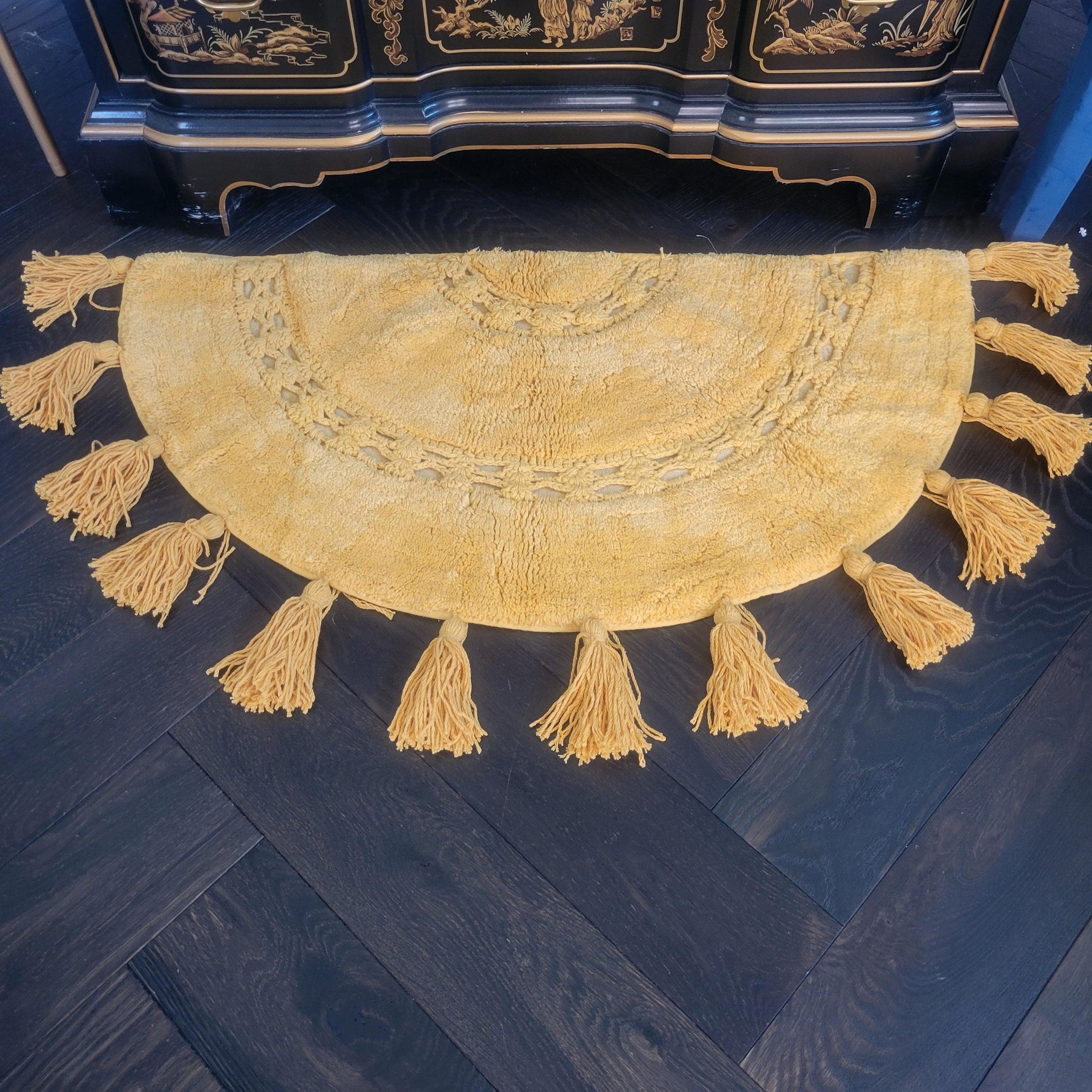 Crocheted Half Moon Bathroom Rug with Tassels