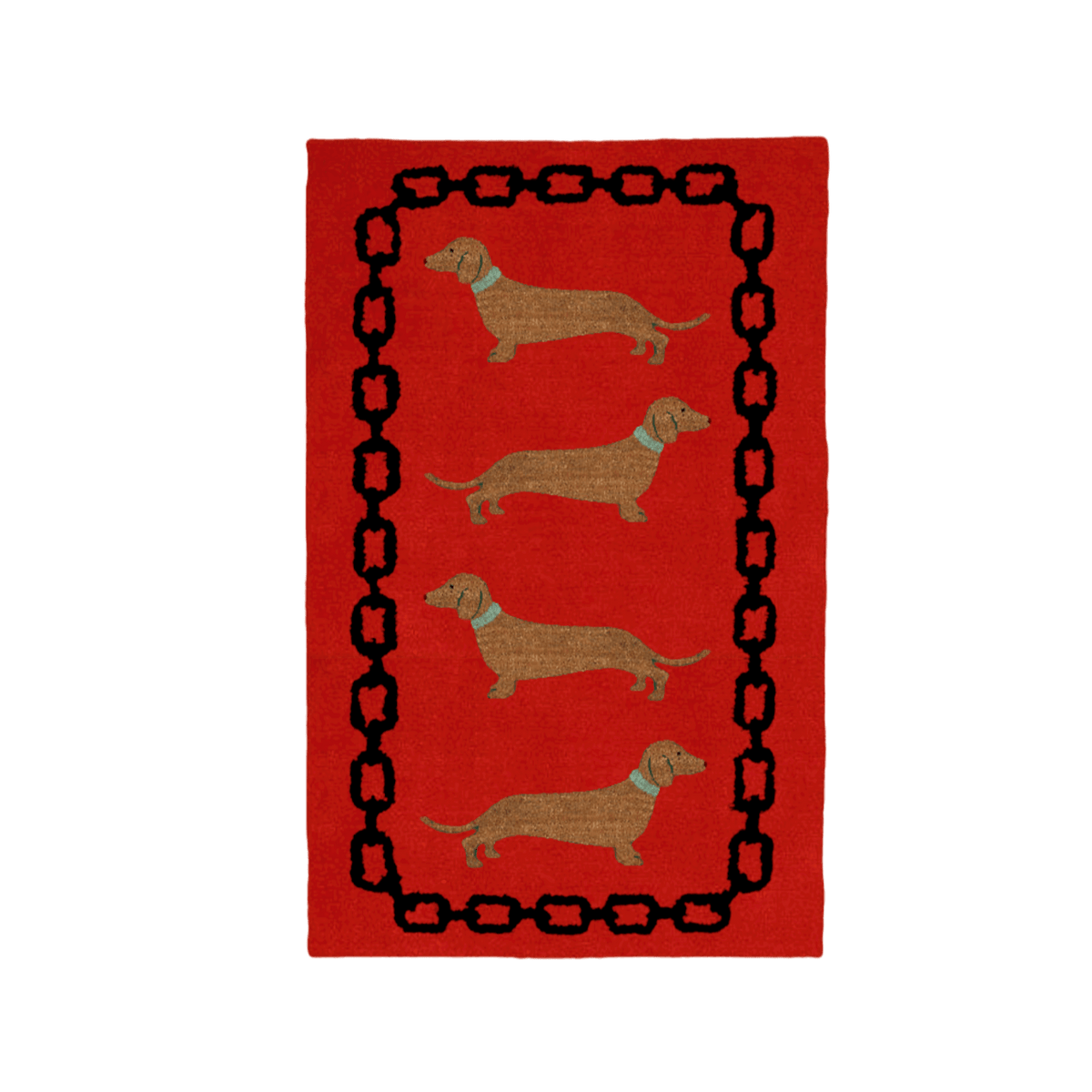 The Dachshund Dog Lover hand-tufted wool rug in red and black features a playful dachshund design with bold, contrasting colors. Its charming pattern and soft wool texture add a fun and cozy touch to any dog lover's space.